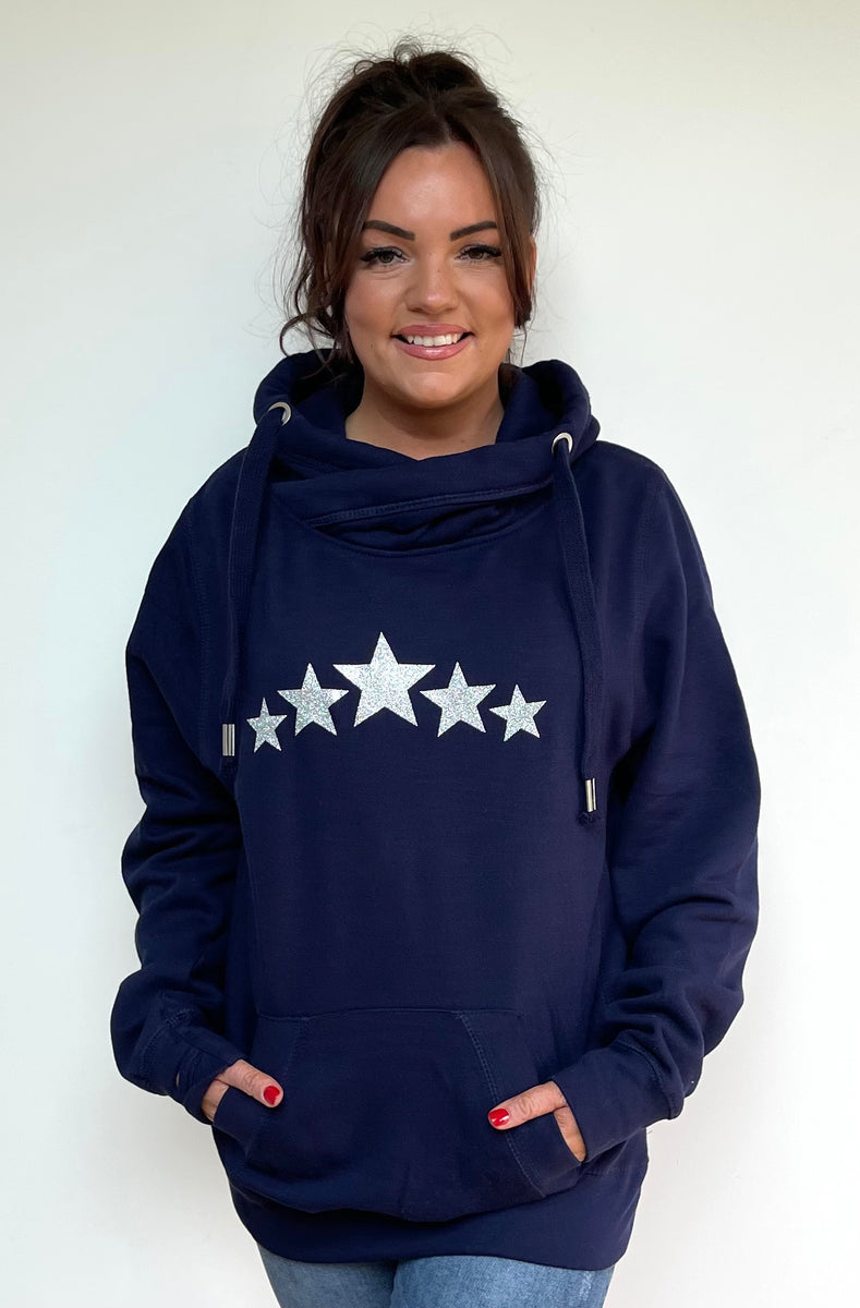 Luxury Cowl Neck Multi Glitter Star Hoodie Midnight Blue Lovely Eira