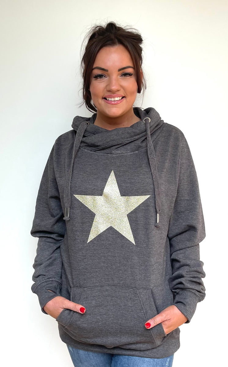 Luxury Cowl Neck Glitter Star Hoodie Charcoal Lovely Eira