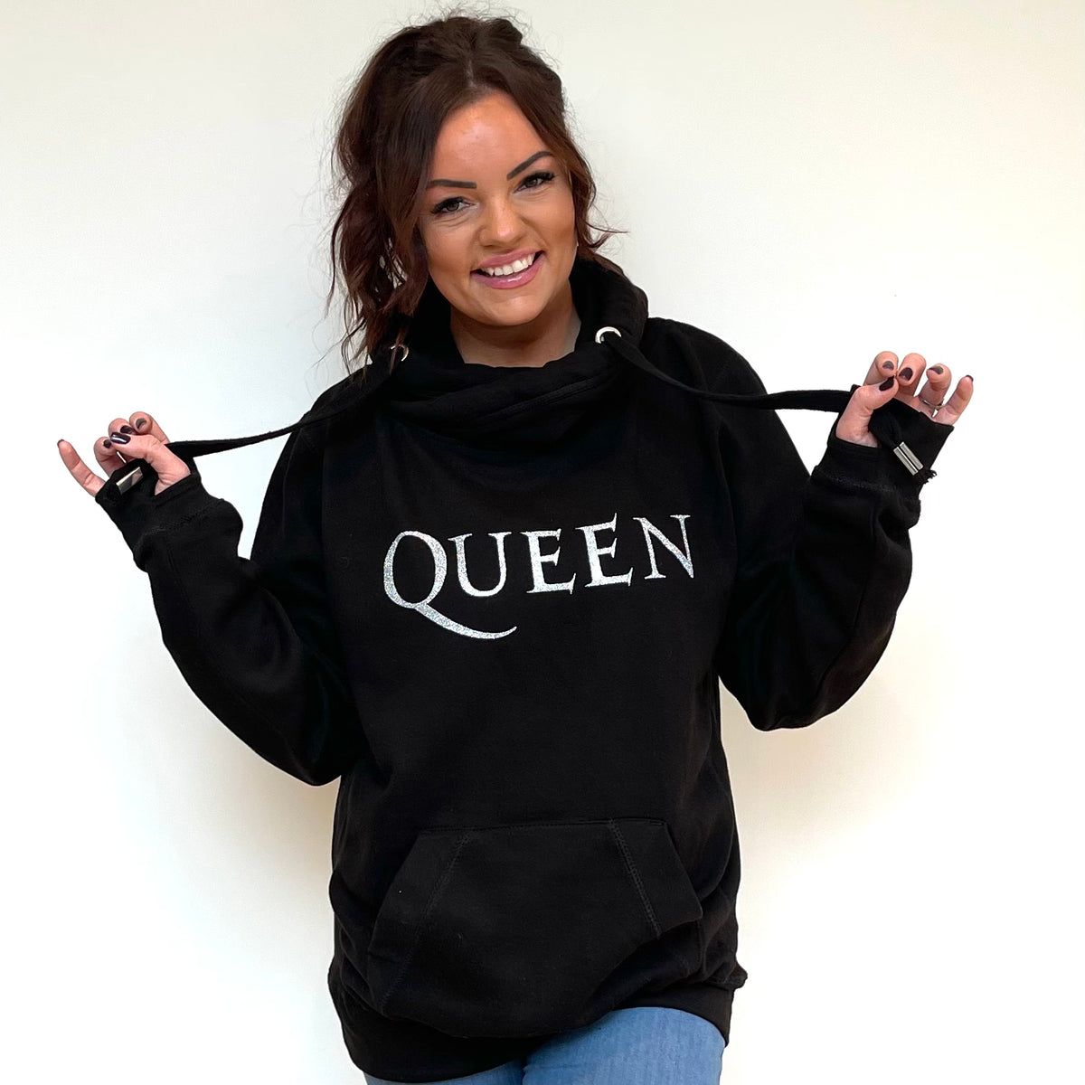 Luxury Cowl Neck Queen Hoodie Black Lovely Eira