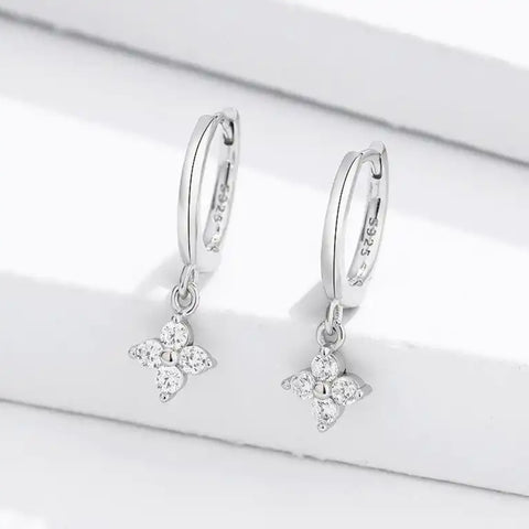 Crystal Clover Drop Earrings - Silver