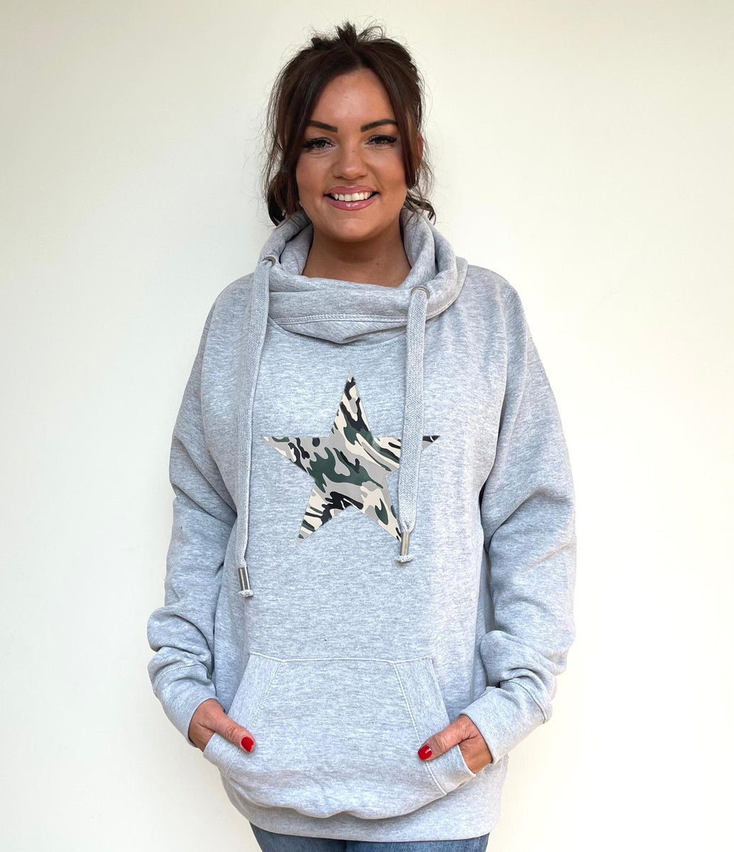 Luxury Cowl Neck Camo Star Hoodie Grey Lovely Eira
