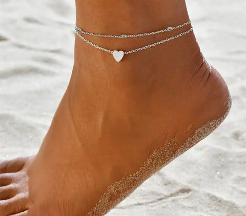 Double String Heart Anklet - Silver