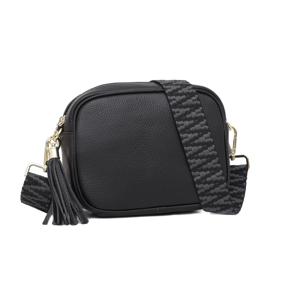 Leather Camera Bag with Patterned Strap - Black – Lovely Eira