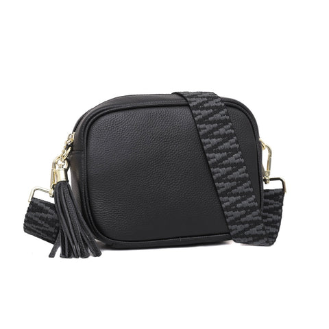 Leather Camera Bag with Patterned Strap - Black