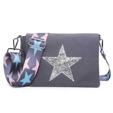 Glitter Star Crossbody Canvas Bag With Strap - Grey