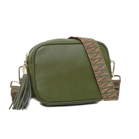 Leather Camera Bag with Patterned Strap - Olive