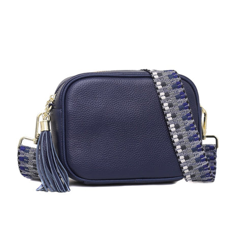 Leather Camera Bag with Patterned Strap - Midnight Blue