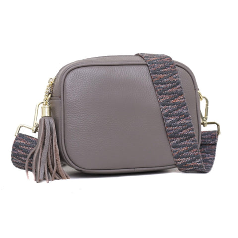 Leather Camera Bag with Patterned Strap - Grey