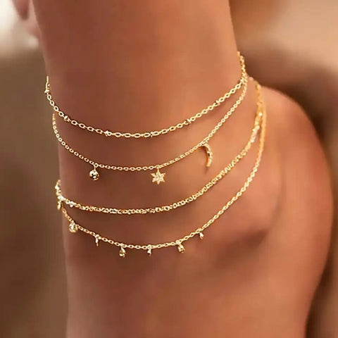 Moon & Star Boho Anklet - Gold