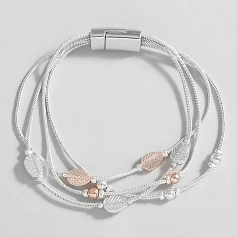 Multi Leaf String Bracelet - Rose Gold & Silver