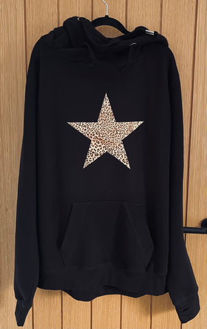 Luxury Cowl Neck Leopard Star Hoodie - Black