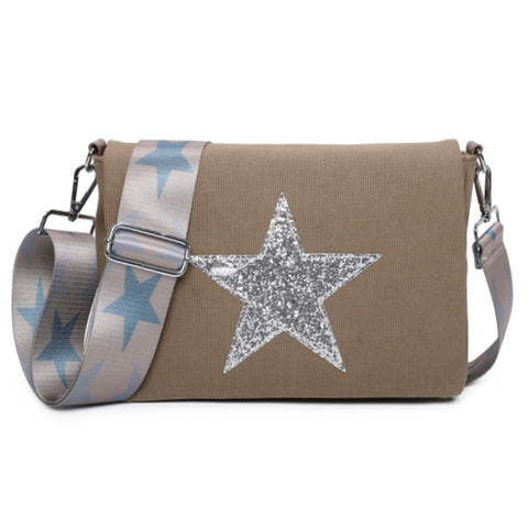 Glitter Star Crossbody Canvas Bag With Strap - Khaki