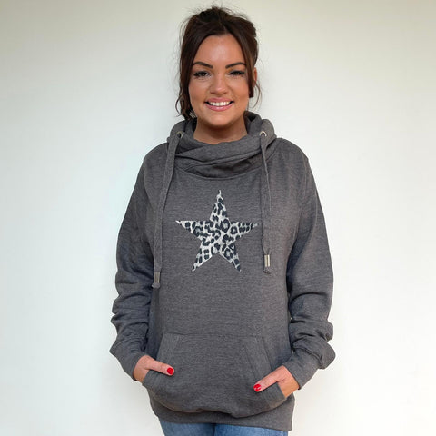 Luxury Cowl Neck Silver Leopard Star Hoodie - Charcoal