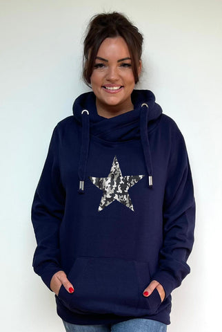 Luxury Cowl Neck Silver Camo Star Hoodie Midnight Blue