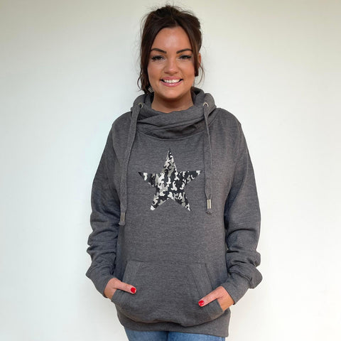 Luxury Cowl Neck Silver Camo Star Hoodie - Charcoal