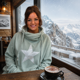 Luxury Cowl Neck Glitter Star Hoodie - Sage