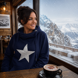 Luxury Cowl Neck Glitter Star Hoodie - Midnight Blue