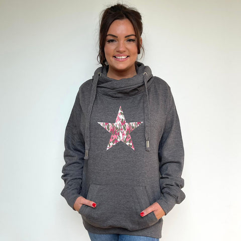 Luxury Cowl Neck Pink Camo Star Hoodie - Charcoal