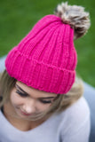 Faux Fur Pom Pom Hat - Pink