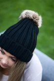 Faux Fur Pom Pom Hat - Black