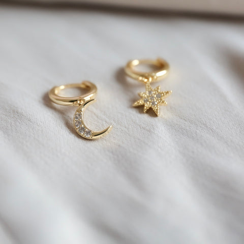 Moon & Star Drop Earrings - Gold