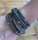 Faux Leather Crystal Charm Wrap Bracelet - Grey