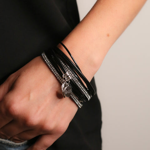 Faux Leather Crystal & Charm Wrap Bracelet - Black