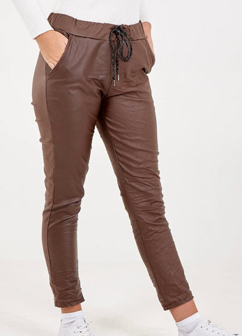Curvy Faux Leather Magic Trousers - Chocolate