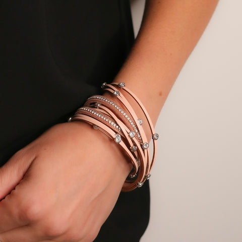 Faux Leather Crystal Charm Wrap Bracelet - Rose