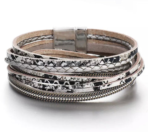 Faux Leather Snakeprint Wrap Bracelet - Grey