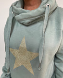 Luxury Cowl Neck Glitter Star Hoodie - Sage