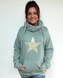 Luxury Cowl Neck Glitter Star Hoodie - Sage