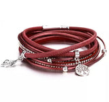 Faux Leather Crystal & Charm Wrap Bracelet - Merlot