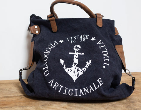 "Vintage" Anchor Large Canvas Bag - Black